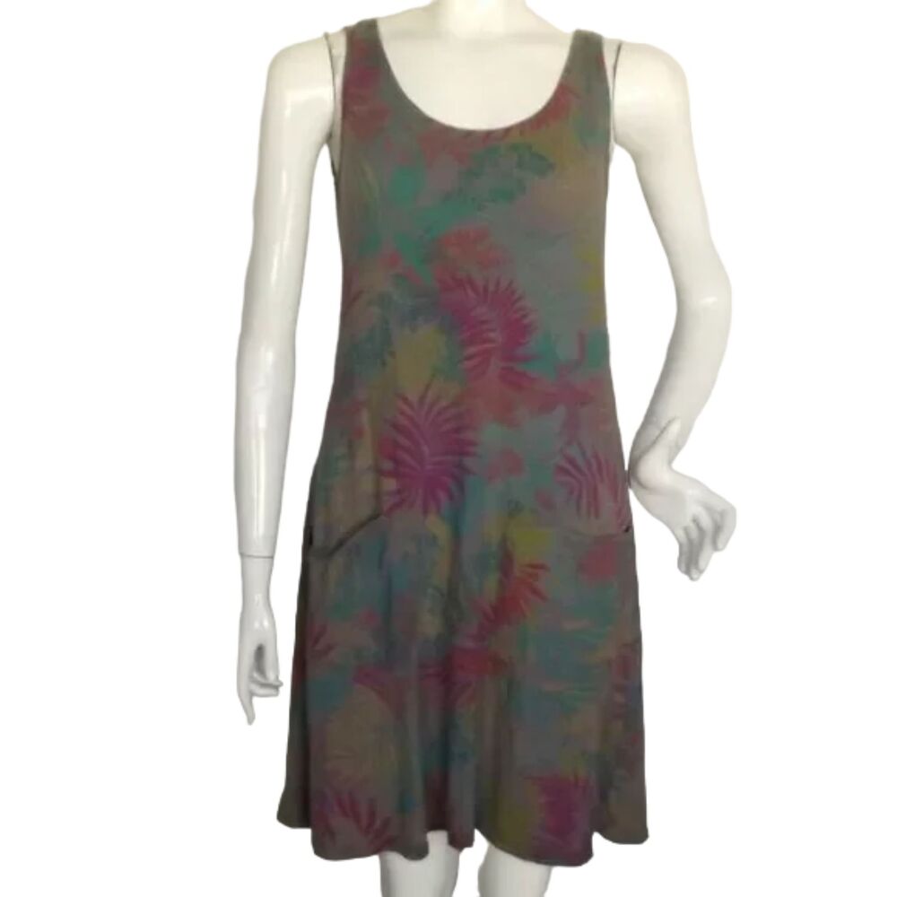 FRESH PRODUCE Dress, XS, Gray, Leaf Print, Sleeveless, Pockets, Cotton